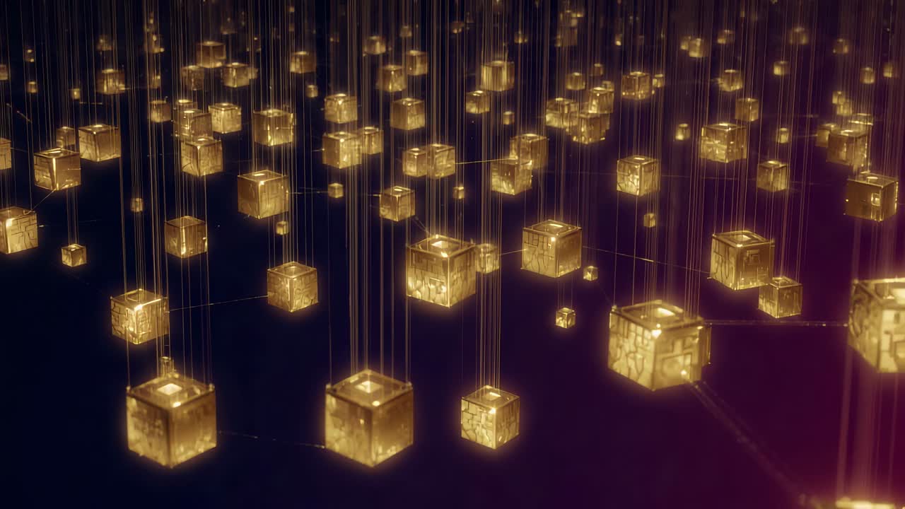Shifting camera causing hanging lit cube cluster drifting on dark stage, showing filaments and grid