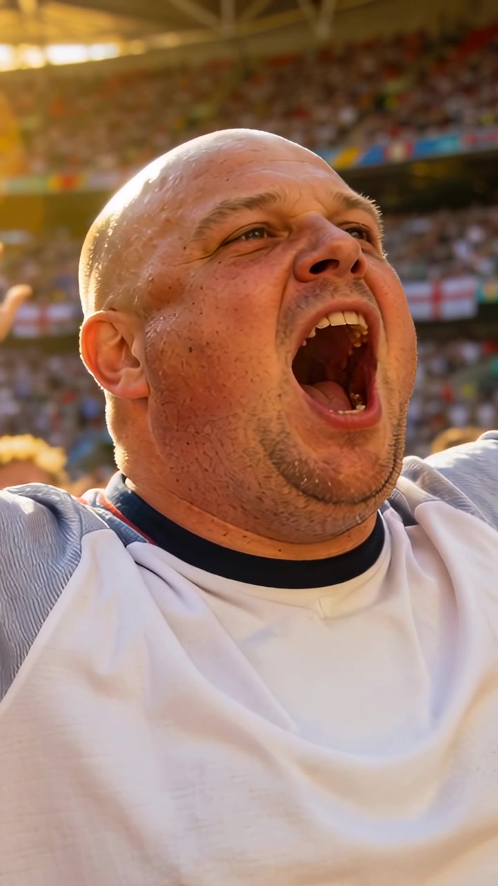 Video verticale: Tifoso uomo che urla e festeggia dopo un gol in uno stadio soleggiato, indossando una maglietta bianca.