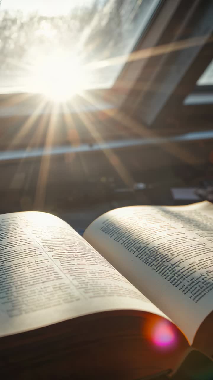 Video verticale: La luce solare si riversa da un lucernario, creando un lens flare su un libro aperto appoggiato su un tavolo.