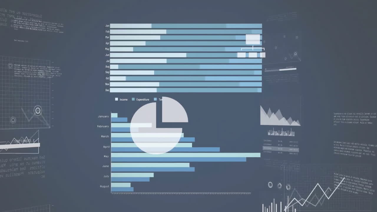 Animation of financial data processing over dark background