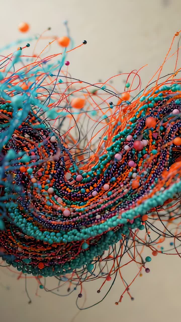 Vertical video: Undulating beaded wave moving in studio as focus shifts, with threads springing