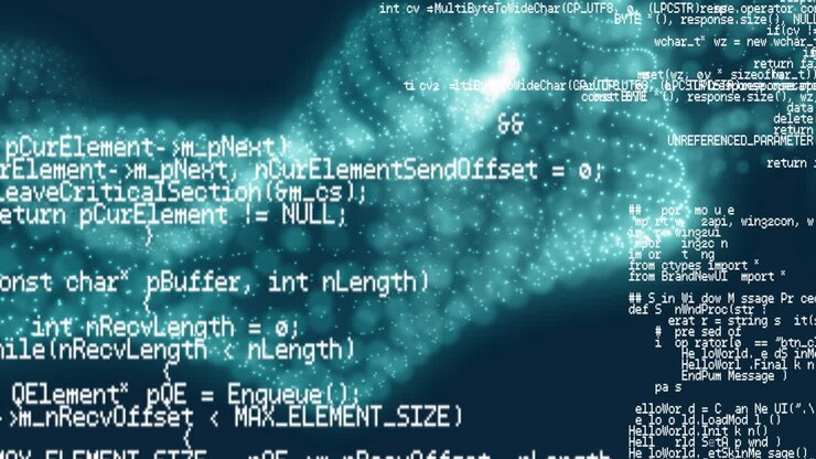 Animation of shapes with light spots over data processing on black background