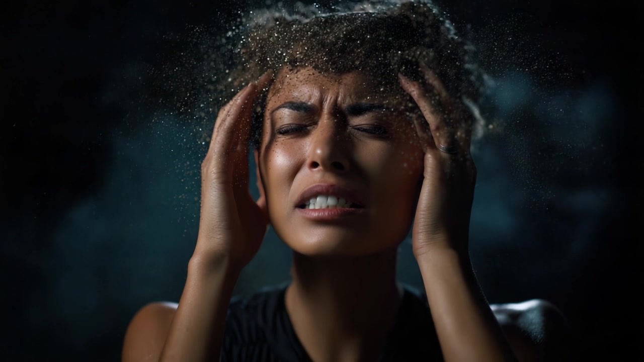 A woman expressing intense emotion, her hands on her head as particles of dust swirl around her, capturing a moment of anguish and inner struggle in the darkness.