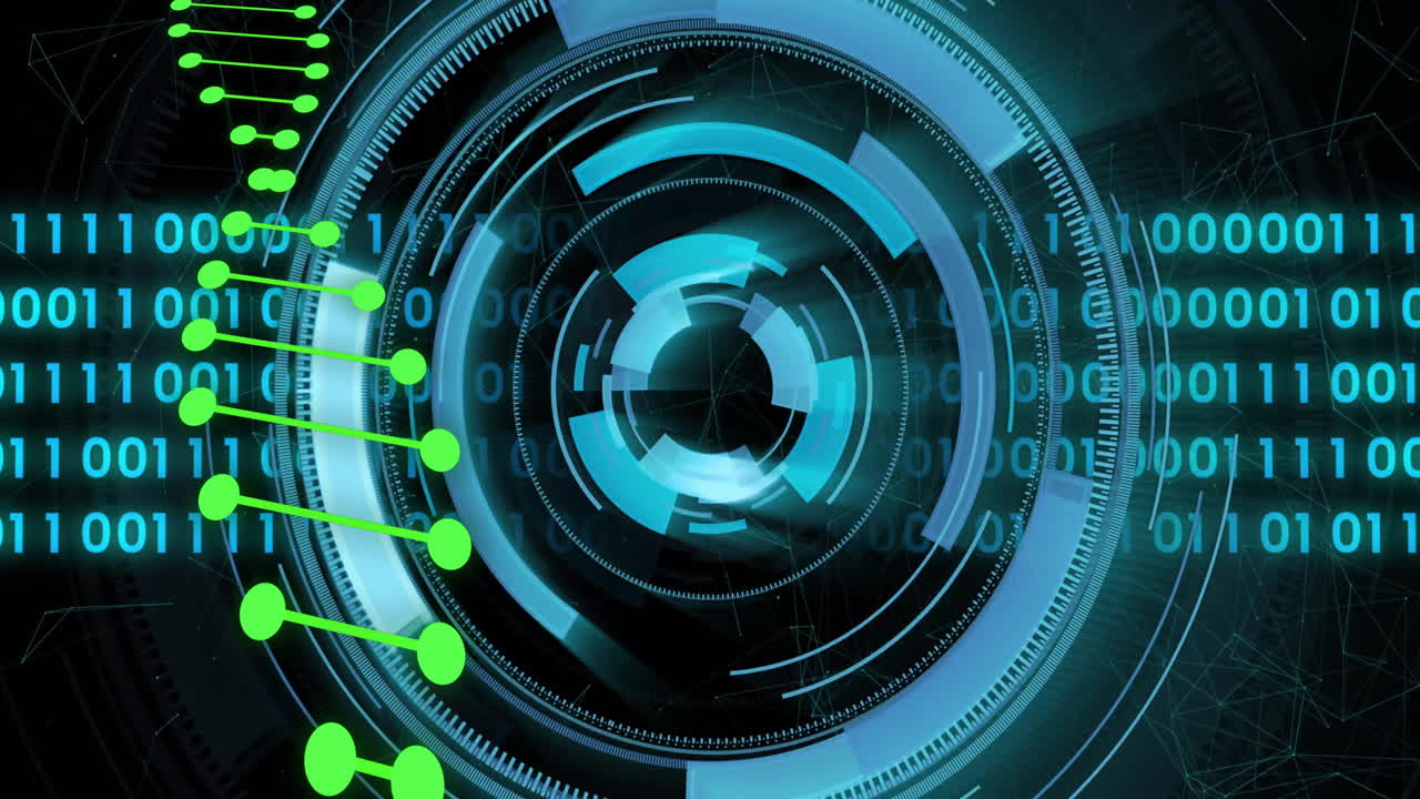 Animation of dna strand over data processing and scope scanning on black background