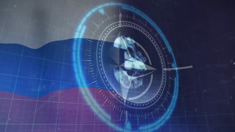 animación de escaneo de alcance y símbolo del euro sobre las banderas de rusia y la otan