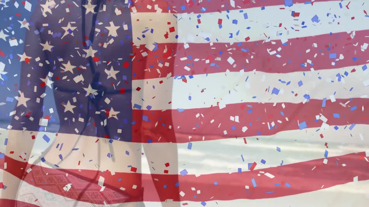 Amerikan lipun ja konfettien animaatio valkoihoisen naisen yllä rannalla