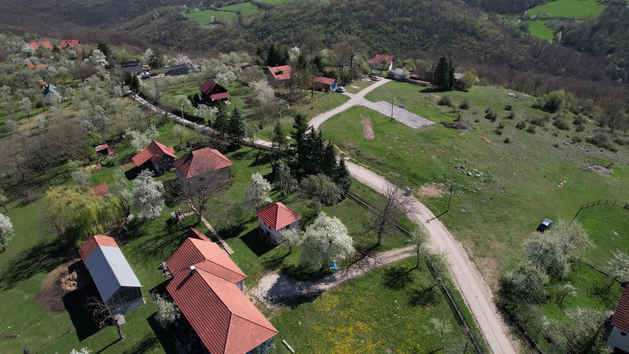 Dron przelatuje nad wiejskim gospodarstwem z domami o czerwonych dachach i kwitnącymi drzewami owocowymi, otoczonym zielonymi polami i cichą wiejską drogą w świetle dziennym.