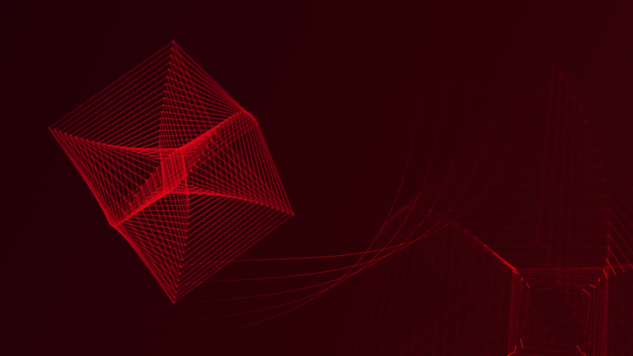 fondo rojo geométrico, cubo giratorio de marco de alambre en un bucle sin costuras
