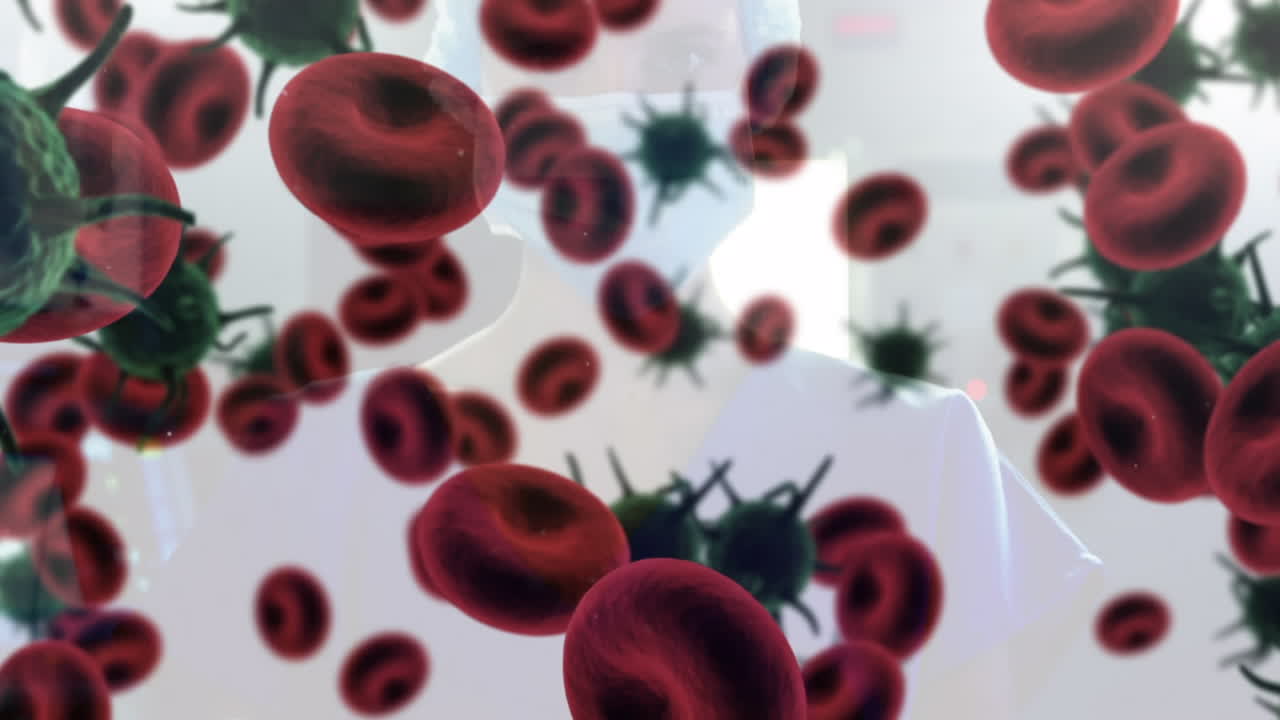 코로나19 세포가 마스크를 쓰고 있는 의사의 위에 떠다니는 애니메이션