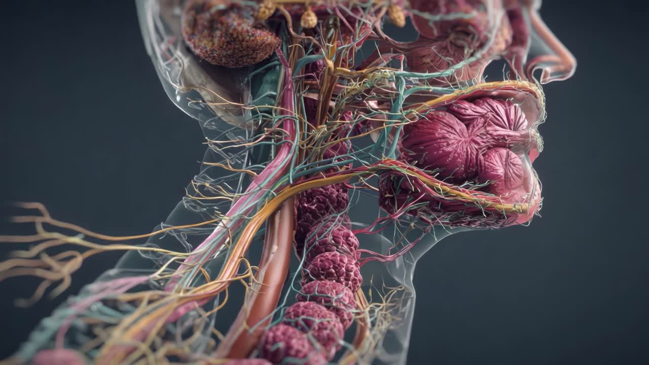 Anatomické znázornění lidského krku s detailními cévními a nervovými strukturami ukazující komplexní propojenost mezi orgány a systémy.
