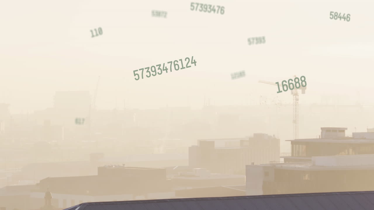 도시 풍경의 공중 전망에 대해 떠다니는 여러 개의 변화하는 숫자의 애니메이션