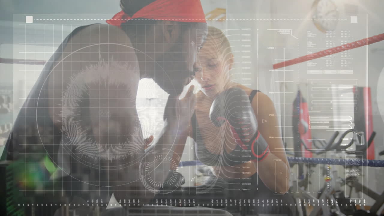 female boxer training with male coach inside ring, HUD graphics showing sports analytics data