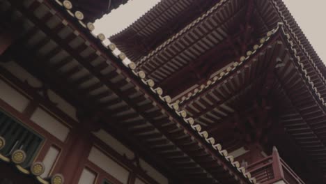 traditional exterior architecture of the roof of buddha tooth relic temple in singapore. close up