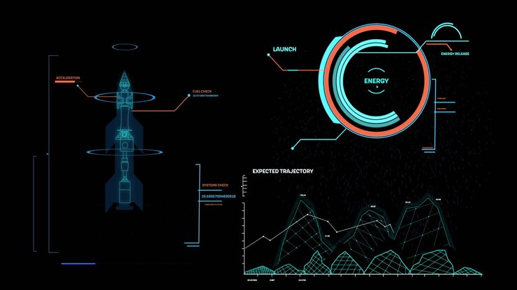 Animation of data processing over diagrams and rocket blueprint