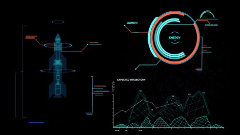 Animation-of-data-processing-over-diagrams-and-rocket-blueprint