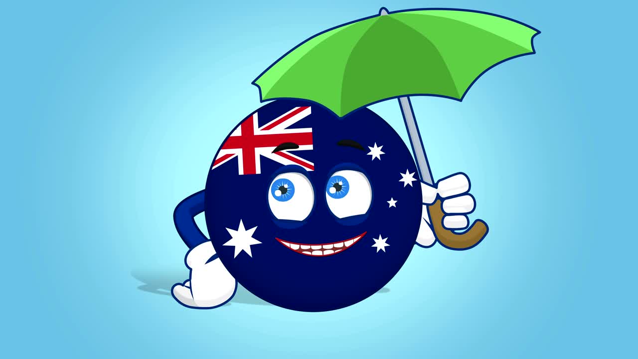 icono de dibujos animados bandera de australia bajo paraguas con animación facial con alfa mate