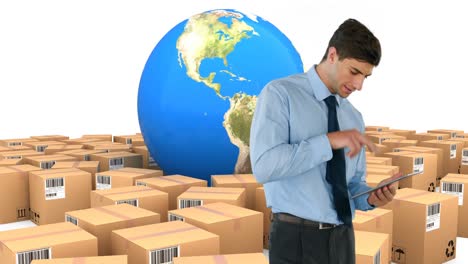 animation of man using tablet with stacks of boxes and globe on white background