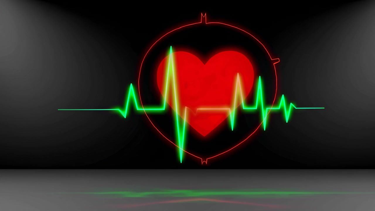 Linea di battito cardiaco al neon verde con cuore rosso pulsante su sfondo scuro
