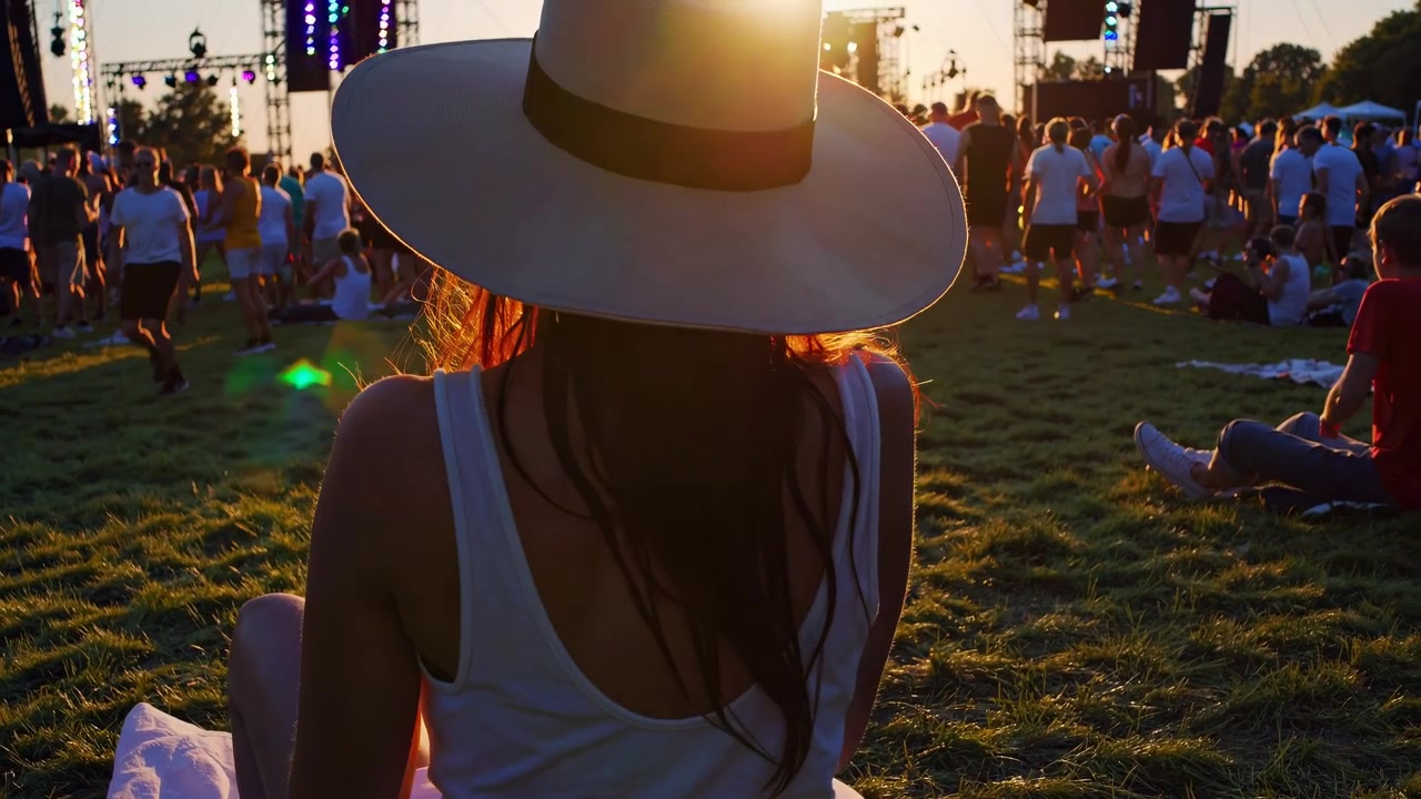 Kvinde med hat sidder på græs ved udendørs musikfestival under solnedgang