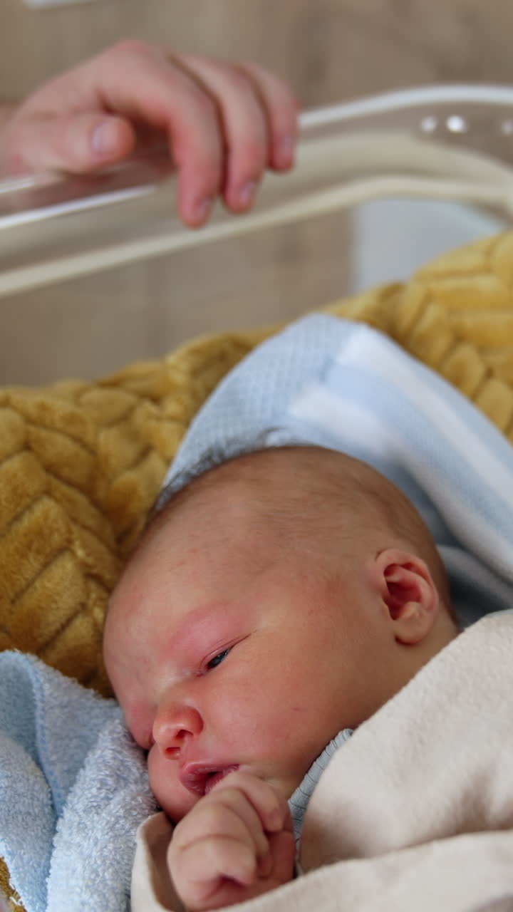 Neonato che dorme in una culla d'ospedale