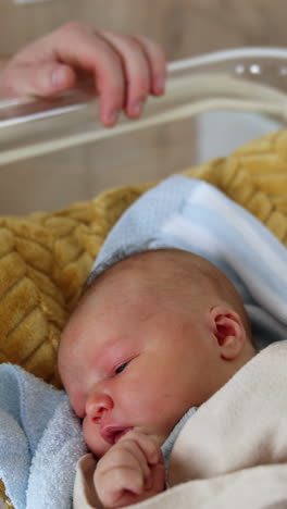 sleeping newborn baby in a hospital crib