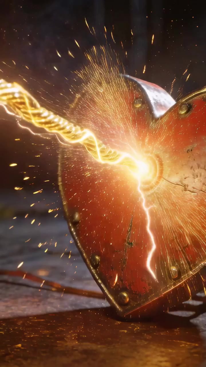 Vertical video: Striking golden cable charging rusted heart port in dim shop, spraying hot sparks
