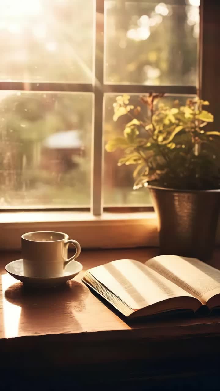 Warm, cozy video scene of a sunlit window with a book and coffee