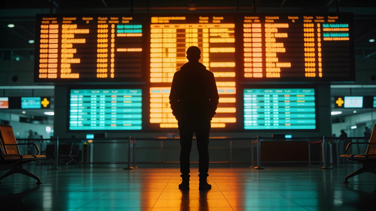 Homem de moletom com capuz em pé, verificando voos no aeroporto, observando um display luminoso enquanto os painéis se acendem.