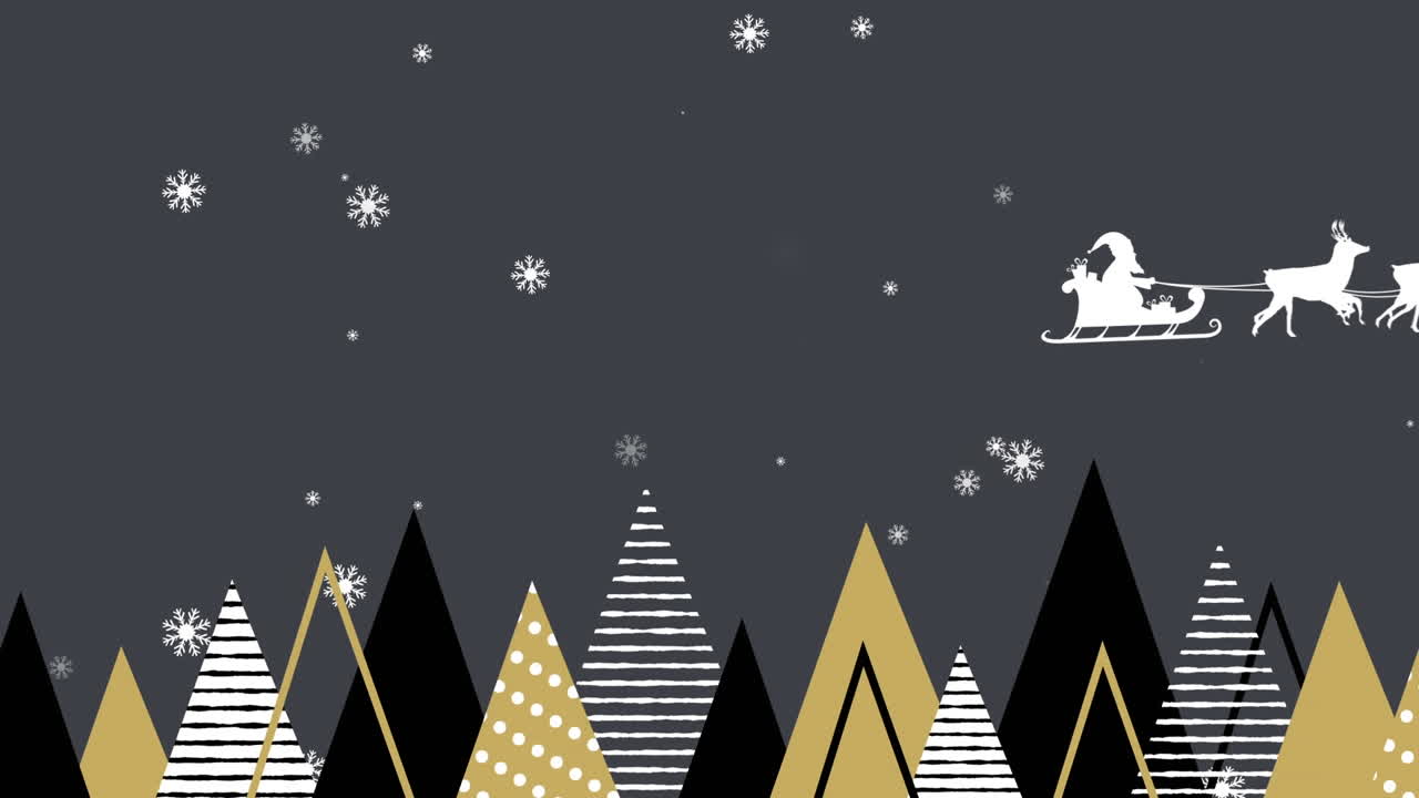 santa claus en trineo siendo tirado por renos contra los iconos del árbol de navidad en fondo gris