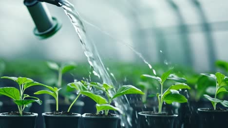 watering seedlings in a greenhouse