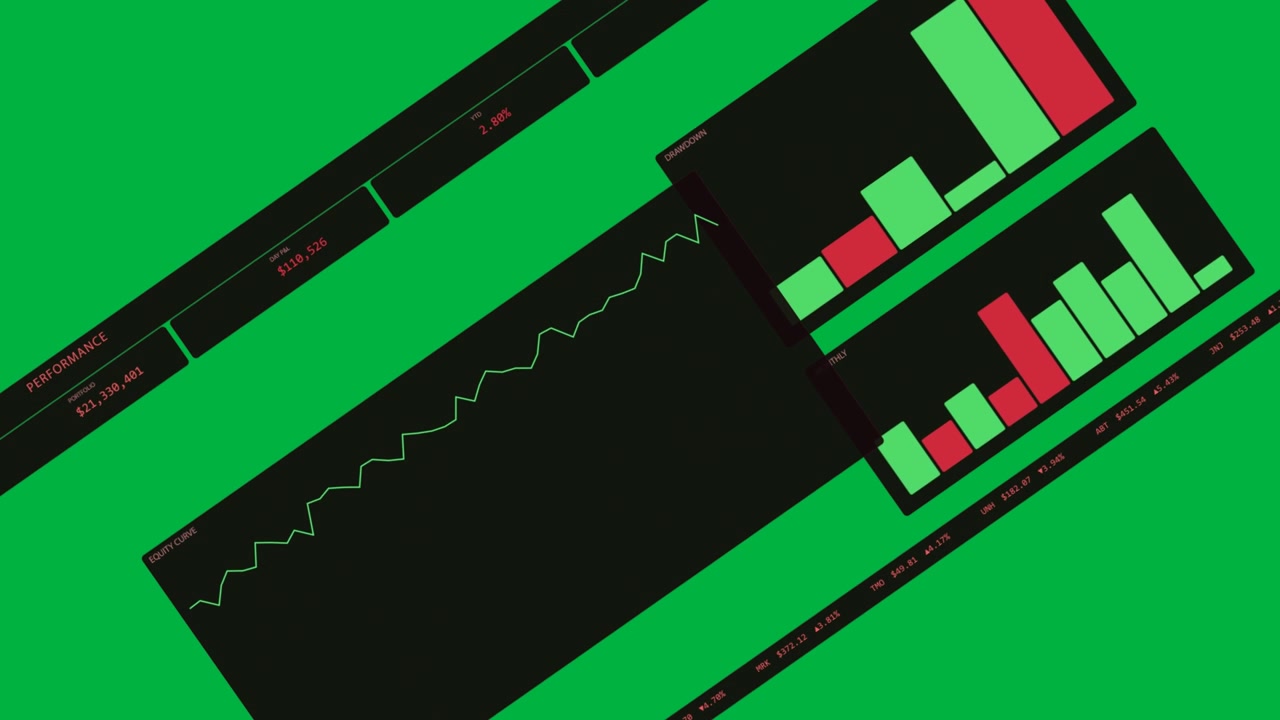 Data dashboard rotating on start, left green line rising, bars growing, showing trends, transparent