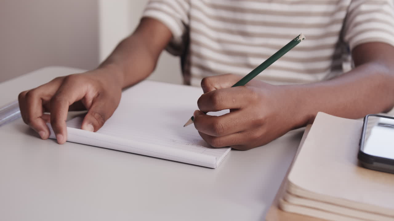 Writing in notebook, student focusing on schoolwork at desk in classroom