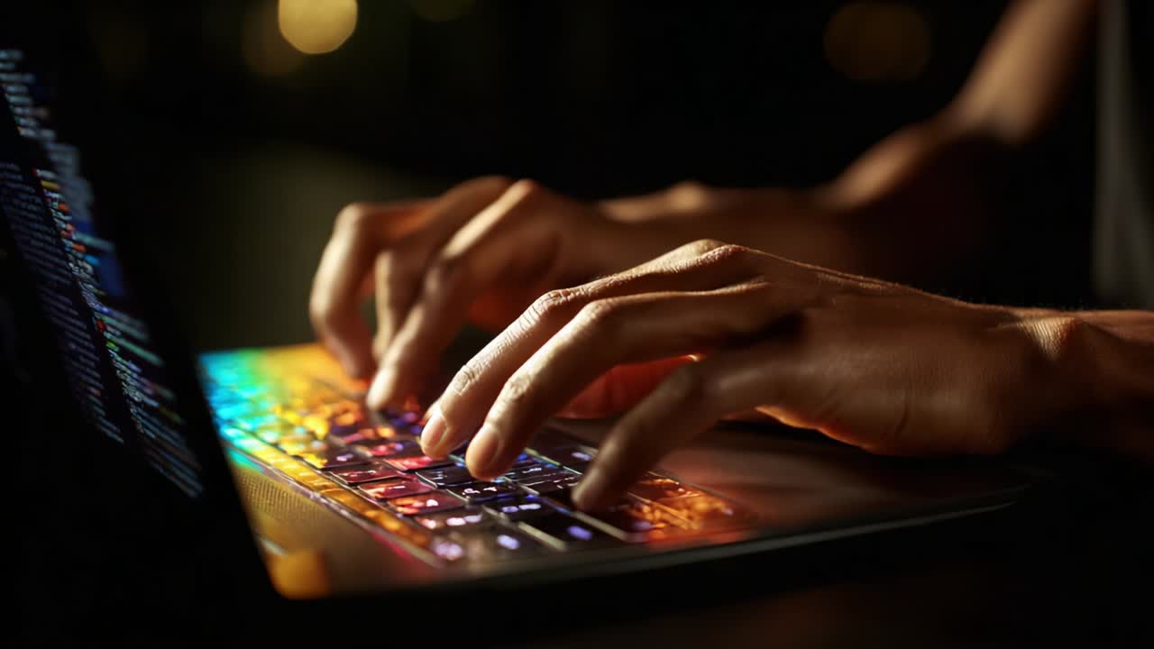Catturare l'arte della digitazione: primo piano di mani che scrivono su una tastiera di laptop retroilluminata in modo vivace in un ambiente scarsamente illuminato, mettendo in evidenza le complessità della creazione digitale e della programmazione