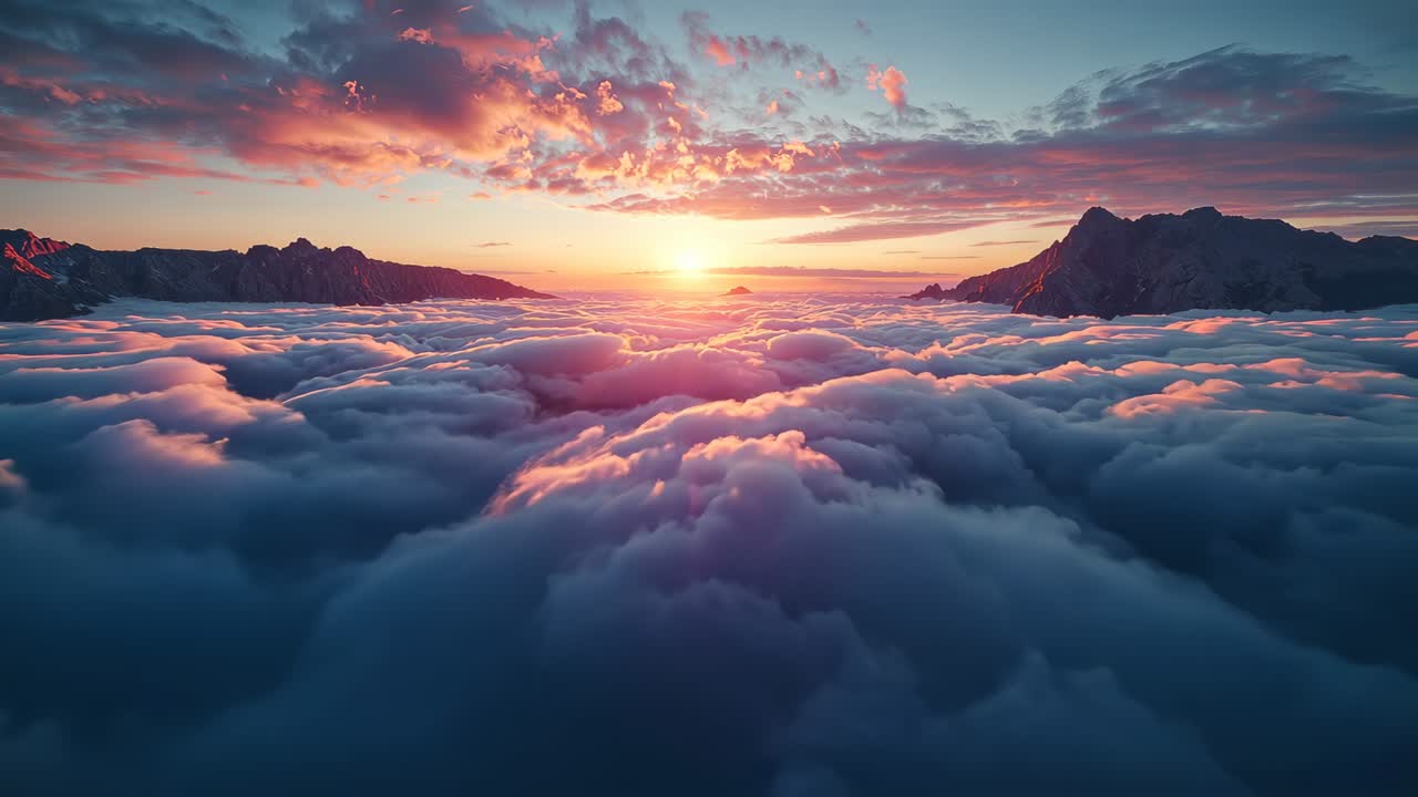 Sun rising causing camera flying toward bulging cloud bank above low level layer mountains framing