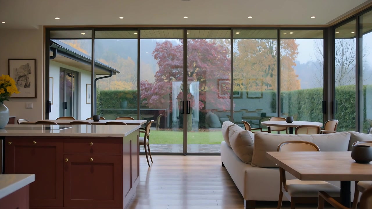 Tracking camera moving from door into open-plan area, revealing yellow vase and autumn trees