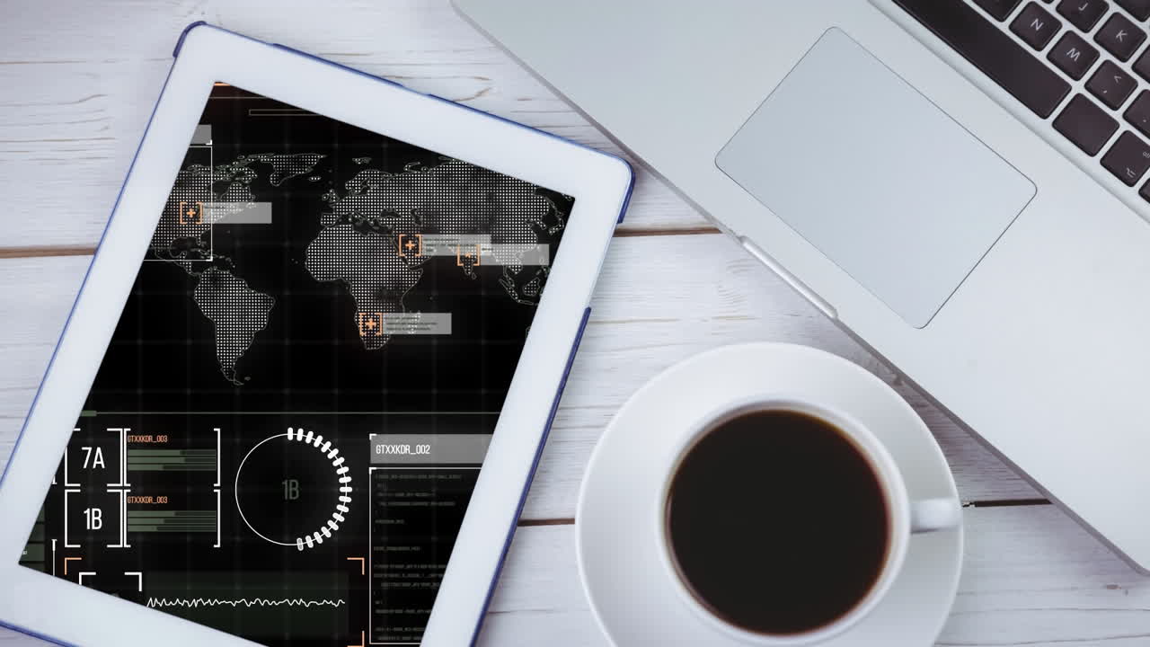 Data processing over digital tablet on wooden table