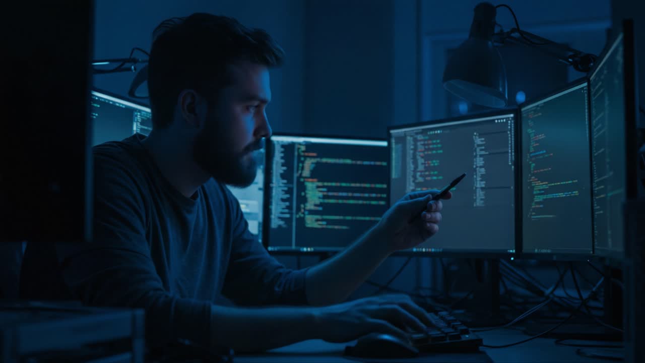 A focused programmer analyzes complex code on multiple monitors, immersed in a dimly lit workspace that emphasizes the challenge and depth of software development