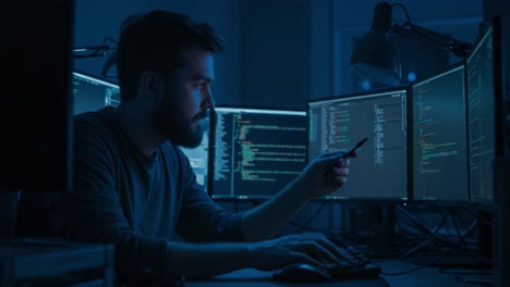 a focused programmer analyzes complex code on multiple monitors, immersed in a dimly lit workspace that emphasizes the challenge and depth of software development