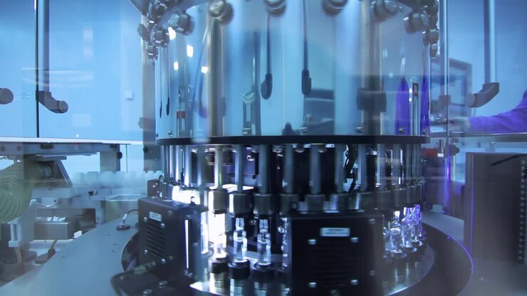 Quality control pharmaceutical manufacturing line. Medical vials production line