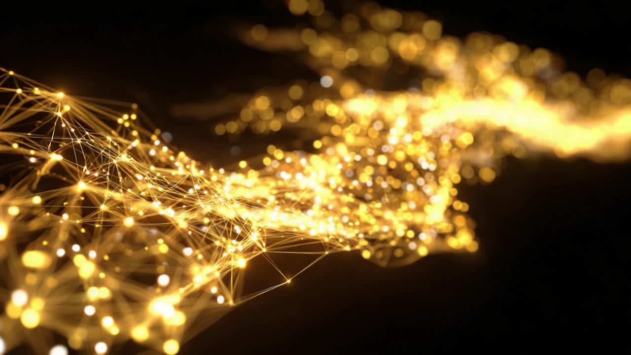 Abstract flowing structure of golden particles and connected lines representing data transfer, neural networks, or futuristic technology moving elegantly through a dark, empty space