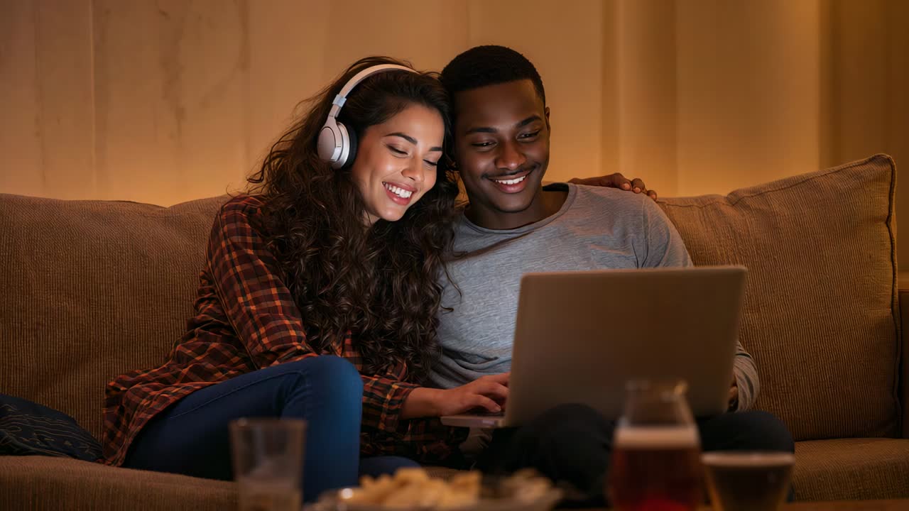 Leaning couple watching laptop content on sofa in living room, woman in plaid with white headphones