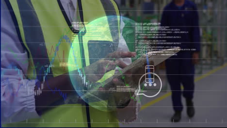 using tablet with digital data and globe animation, person in safety vest