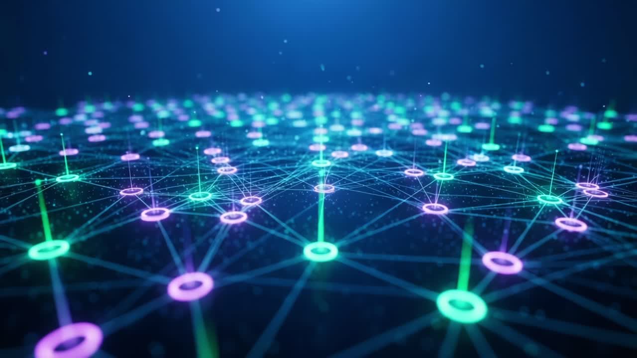 Exploring a Vibrant Network of Interconnected Nodes: A Visual Representation of Digital Connectivity and Data Flow in a Colorful, Futuristic Environment