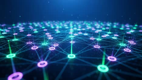 exploring a vibrant network of interconnected nodes: a visual representation of digital connectivity and data flow in a colorful, futuristic environment