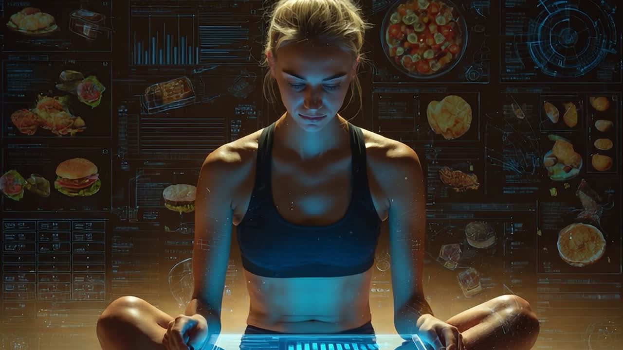 Fütüristik bir ortamda dijital yemek görselleriyle meditasyon seansı