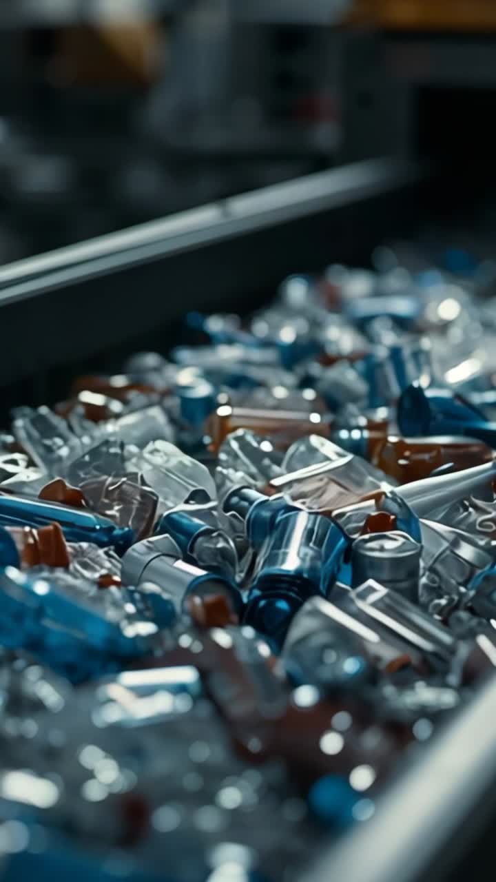 Vertical video: Activating conveyor belt moving colored vials along processing line for production