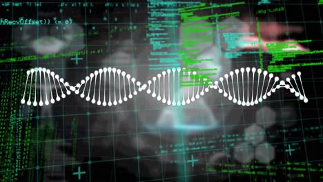 Animation-of-dna-structures-and-medical-data-processing-against-black-background