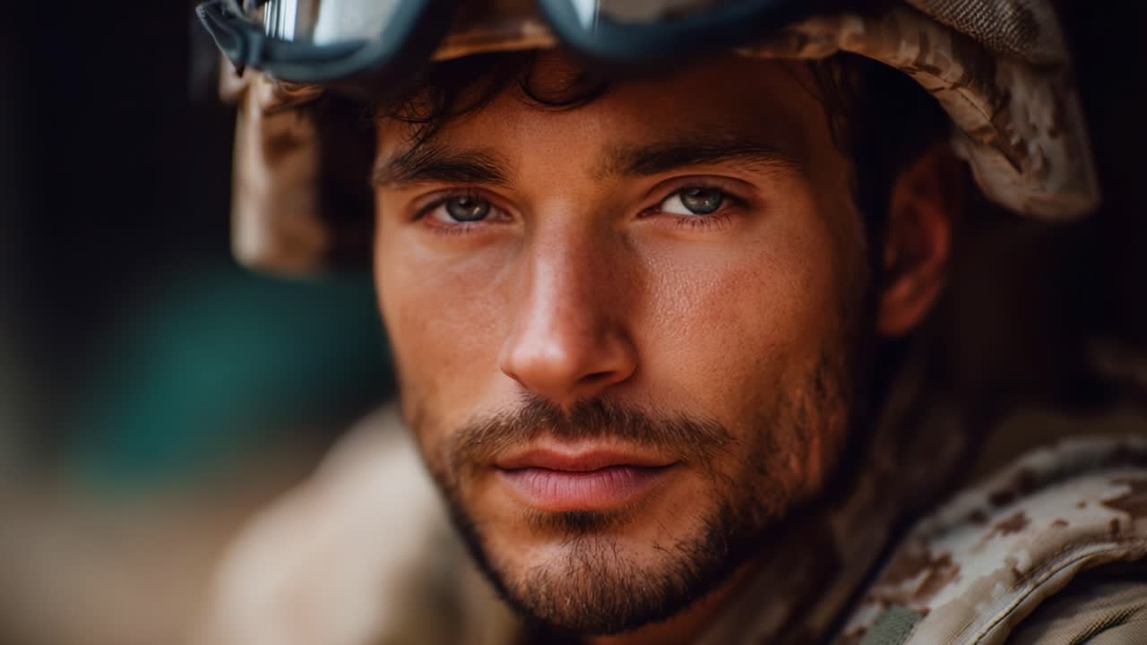 A Close-Up Portrait of a Determined and Focused Soldier Wearing Protective Gear with a Serious Expression, Emphasizing Strength and Resilience in Adverse Conditions