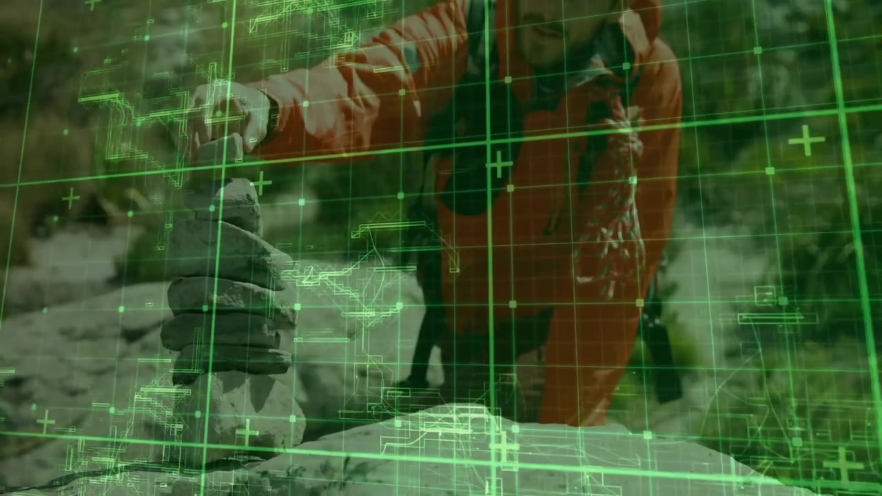 Male hiker approaching cairn, transparent tech overlay highlighting stones, adjusting rock