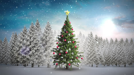 Animation-of-snow-falling-over-christmas-tree-and-winter-landscape